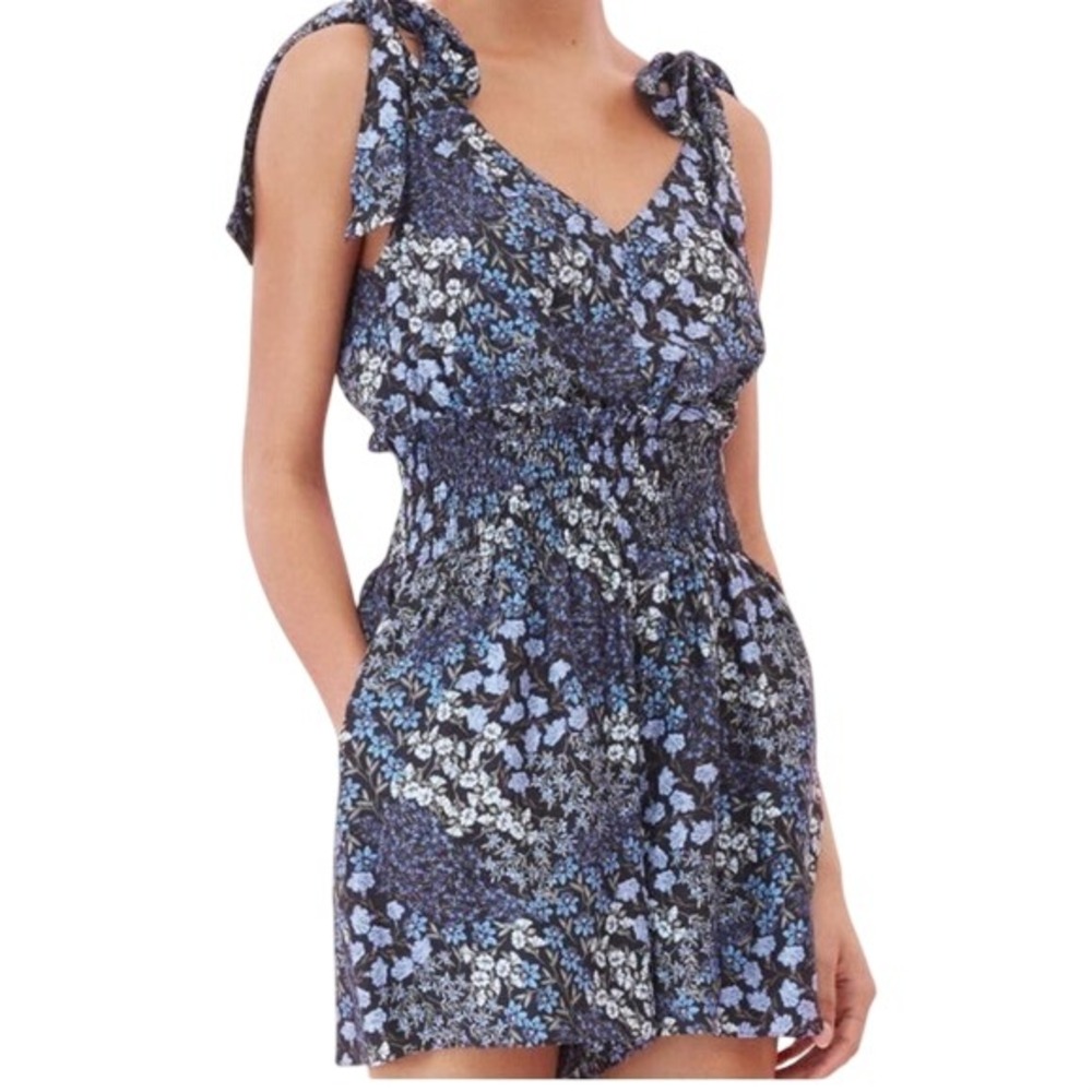 Rebecca Taylor Ava Silk Floral Smocked Waist Romper Blue Size XL Dark Romantic
